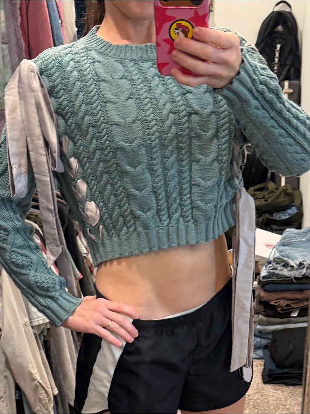 VICI Cropped Cable Knit Sweater with Ribbon Detail - Sage Green